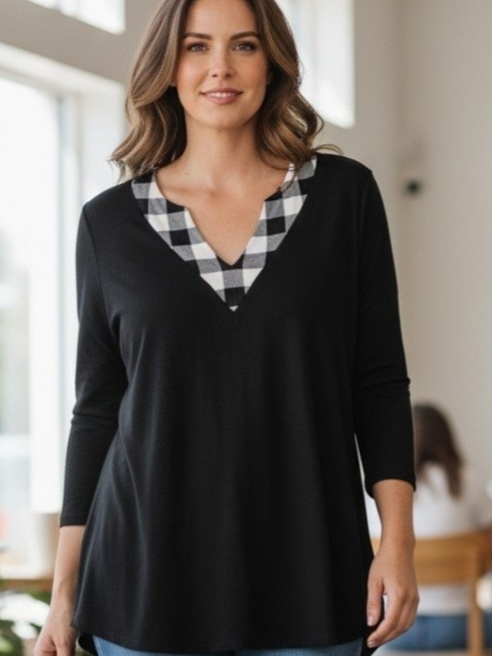 White Birch Black Tunic Top with Buffalo Check V-Neck